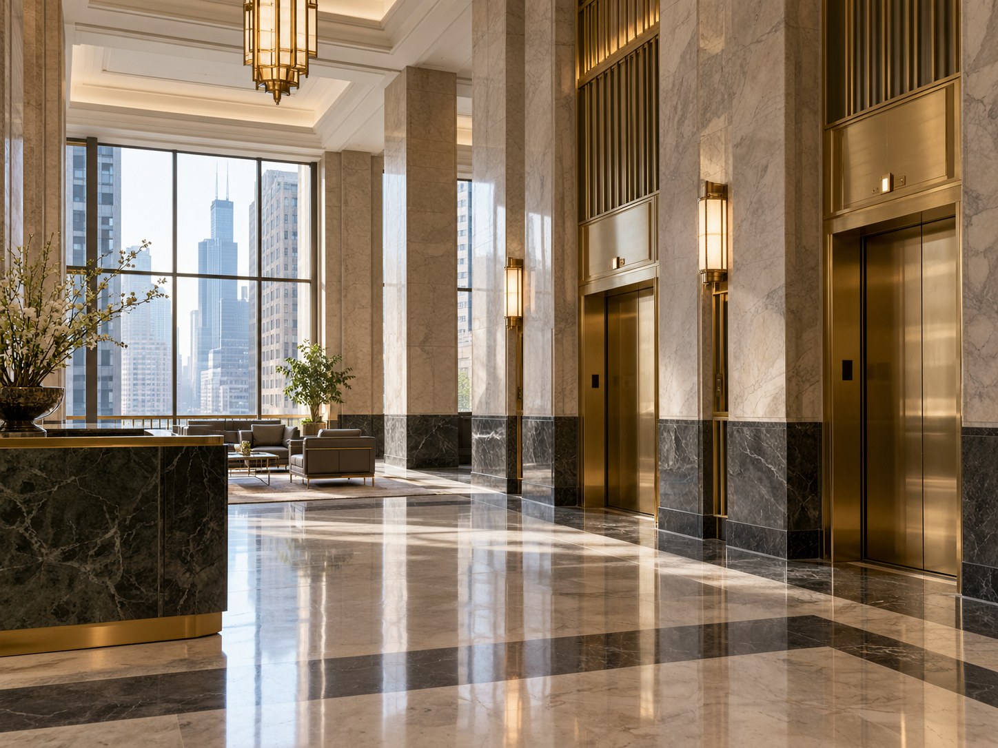 Quiet lobby of a Chicago financial district office tower at morning light