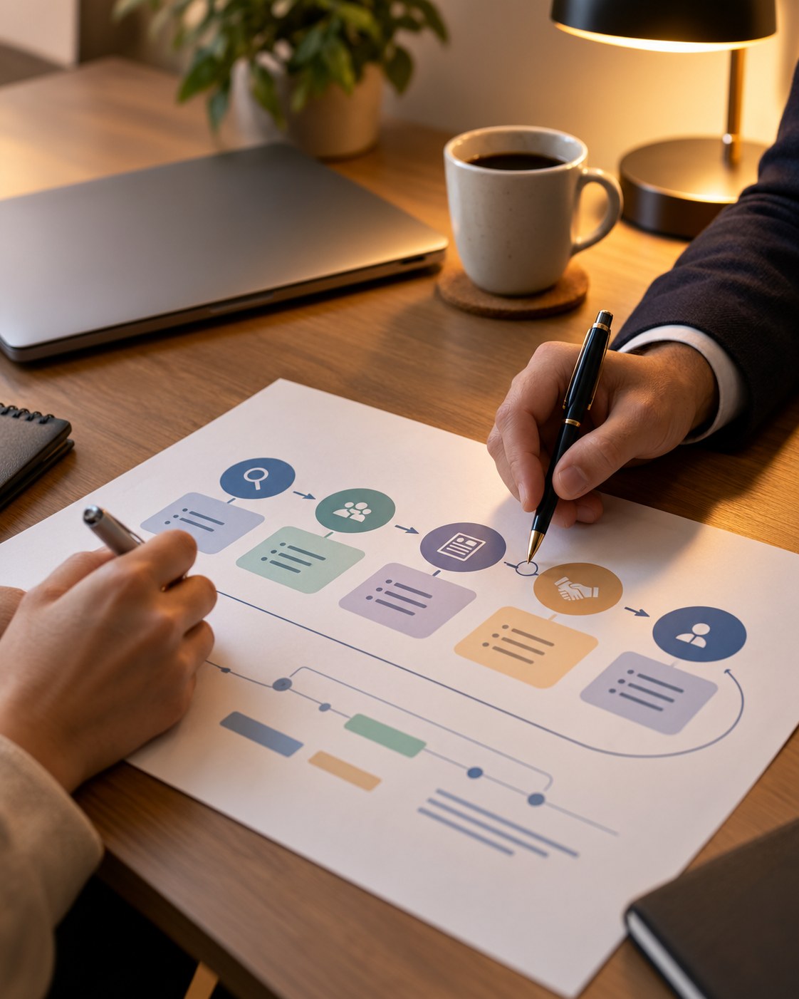 Partner annotating a search roadmap on paper beside a laptop